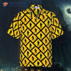 bigfoot yellow square hawaiian shirt with diamond pattern caution signs for 2