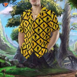 bigfoot yellow square hawaiian shirt with diamond pattern caution signs for 4