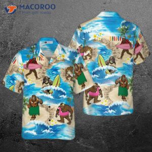 Bigfoots Are On Summer Vacation; Bigfoot Hawaiian Shirt, Tropical Aloha Wave Surfing Shirt For .
