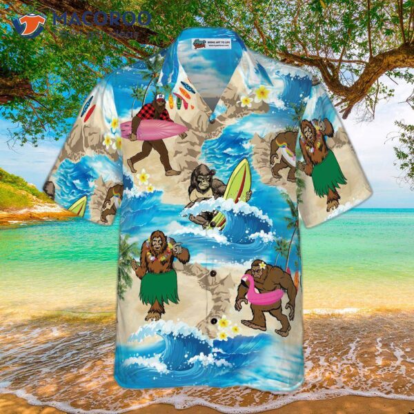 Bigfoots Are On Summer Vacation; Bigfoot Hawaiian Shirt, Tropical Aloha Wave Surfing Shirt For .