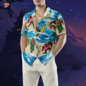 bigfoots are on summer vacation bigfoot hawaiian shirt tropical aloha wave surfing shirt for 4