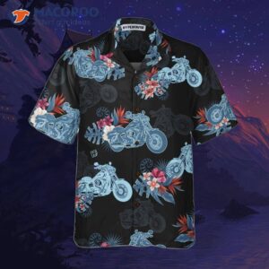 biker blue tropical flower pattern motorcycle hawaiian shirt unique gift for bikers 2