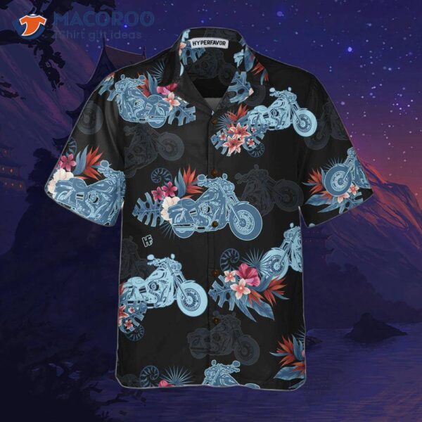 Biker Blue Tropical Flower Pattern Motorcycle Hawaiian Shirt – Unique Gift For Bikers