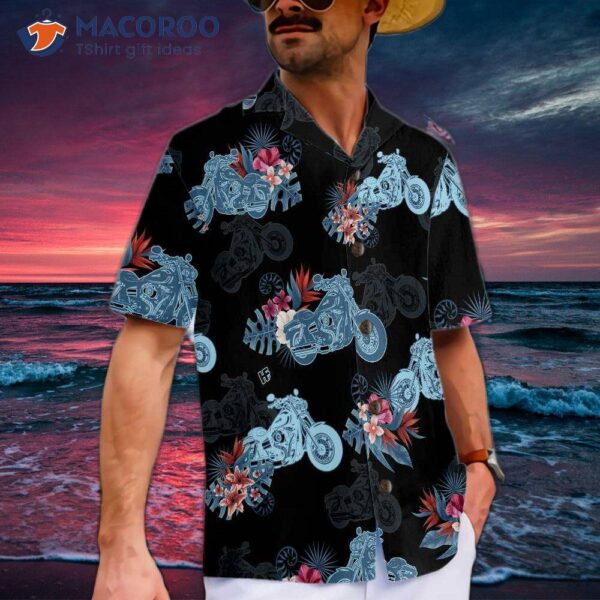 Biker Blue Tropical Flower Pattern Motorcycle Hawaiian Shirt – Unique Gift For Bikers