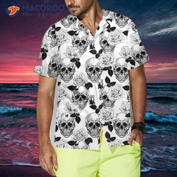 Black And White Skull Rose Hawaiian Shirt With Seamless Pattern Design