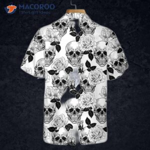 Black And White Skull Rose Hawaiian Shirt With Seamless Pattern Design