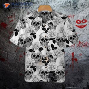 black and white skull rose hawaiian shirt with seamless pattern design 2