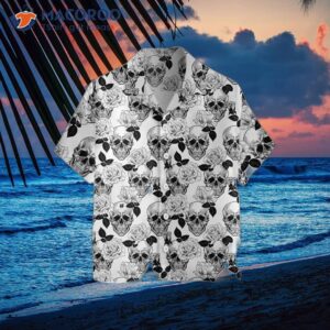 black and white skull rose hawaiian shirt with seamless pattern design 3