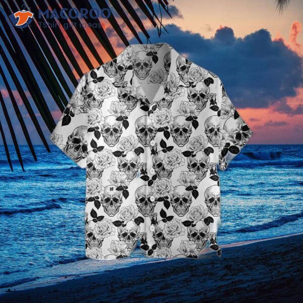 Black And White Skull Rose Hawaiian Shirt With Seamless Pattern Design