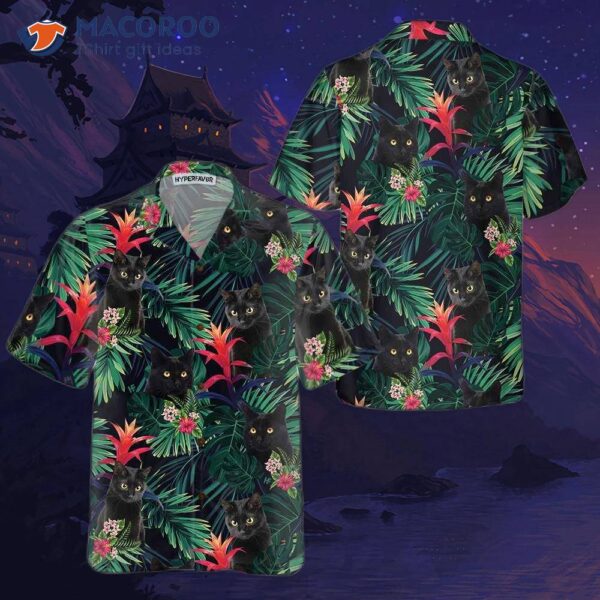 Black Cat And Tropical Pattern Hawaiian Shirt, Funny Shirt For Adults, Cat-themed Gift Lovers