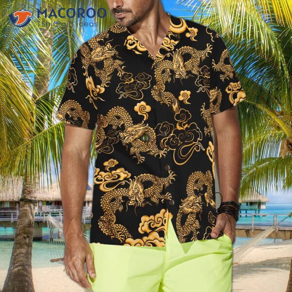 Black Gold Oriental Dragon Hawaiian Shirt