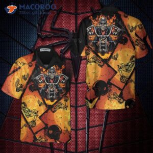 black orange layout skull biker motorcycle hawaiian shirt flame gift for bikers 3