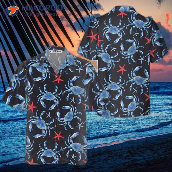 Blue Crab And Starfish Pattern Hawaiian Shirt, Shirt For , Best Gift