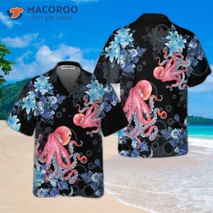 Blue Floral And Octopus Hawaiian Shirt, Short-sleeved Shirt For