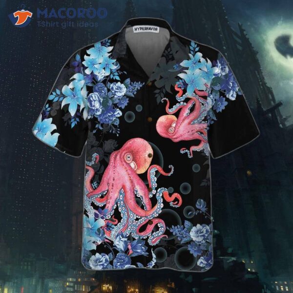 Blue Floral And Octopus Hawaiian Shirt, Short-sleeved Shirt For