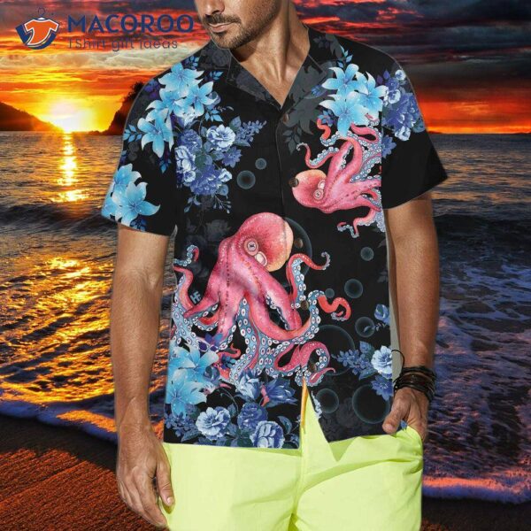 Blue Floral And Octopus Hawaiian Shirt, Short-sleeved Shirt For