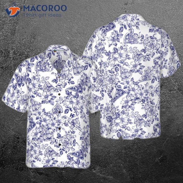 Blue Floral Pizza Pattern Hawaiian Shirt