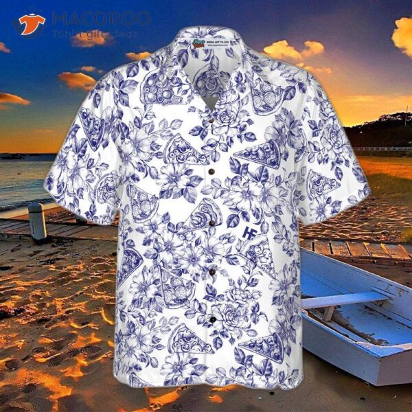 Blue Floral Pizza Pattern Hawaiian Shirt