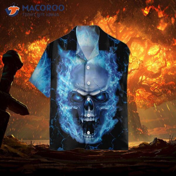 Blue Neon Skull Flame Hawaiian Shirt, 3d Fire Shirt