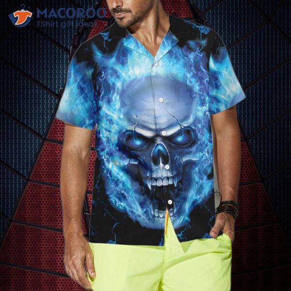 Blue Neon Skull Flame Hawaiian Shirt, 3d Fire Shirt