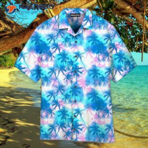 blue pink neon coconut palm tree tropical hawaiian shirt 0