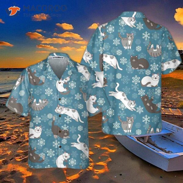 Blue Snowflakes Adorable Kittens Hawaiian Shirt, Funny Christmas Aloha Shirt