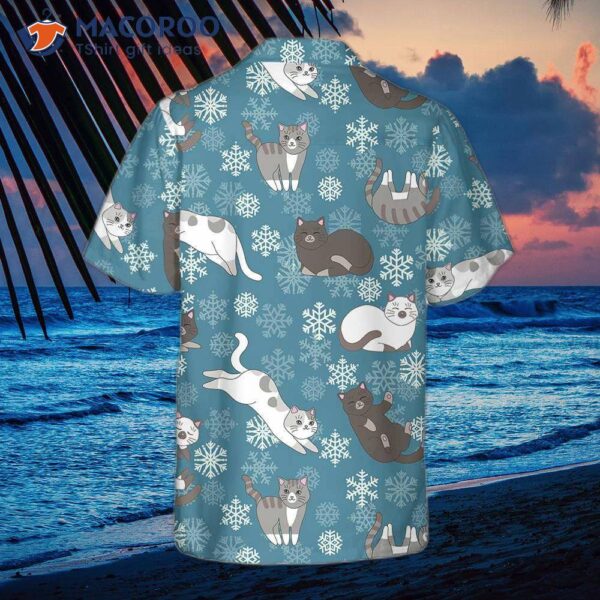 Blue Snowflakes Adorable Kittens Hawaiian Shirt, Funny Christmas Aloha Shirt