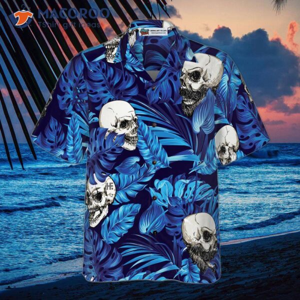 Blue Tropical Floral And Skull Hawaiian Summer Shirt