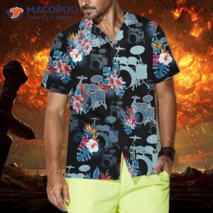 blue tropical flower drum hawaiian shirt shirt for gift drummers 3