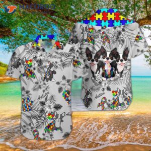 boston terrier dog autism awareness colorful puzzle gray hawaiian shirt 1