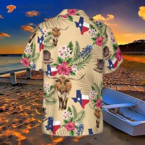 Brown Tribal Pattern Hawaiian Shirt For With Armadillo And Longhorn Texas State Design, Proud Flag