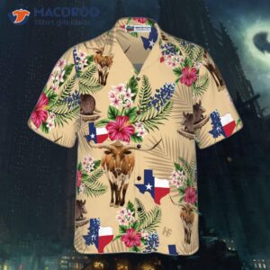 brown tribal pattern hawaiian shirt for with armadillo and longhorn texas state design proud flag 2