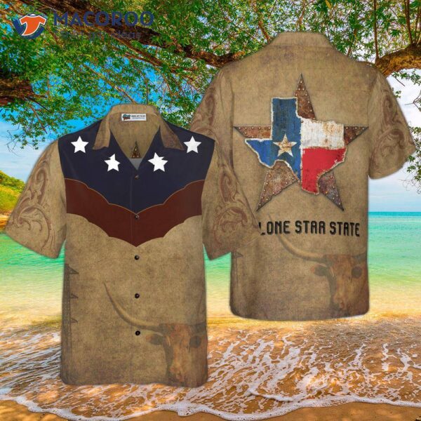 Brown Vintage Floral Damask Pattern Hawaiian Shirt With The Lone Star State Of Texas Home Design, Proud Flag For