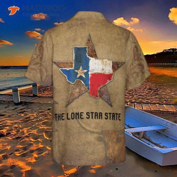 Brown Vintage Floral Damask Pattern Hawaiian Shirt With The Lone Star State Of Texas Home Design, Proud Flag For