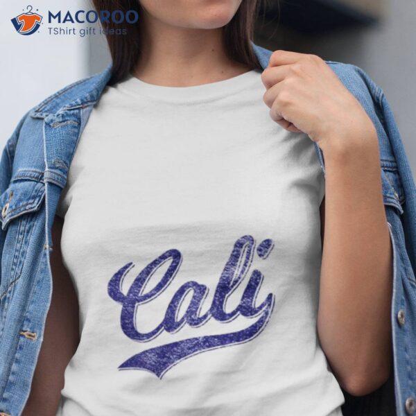 Cali California Baseball Sport Script Cursive Distressed Blue Shirt