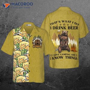 Camping Bear Drinks Beer And Wears A Hawaiian Shirt.