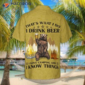 Camping Bear Drinks Beer And Wears A Hawaiian Shirt.