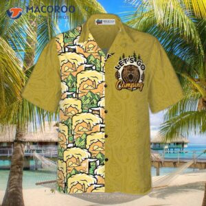camping bear drinks beer and wears a hawaiian shirt 2