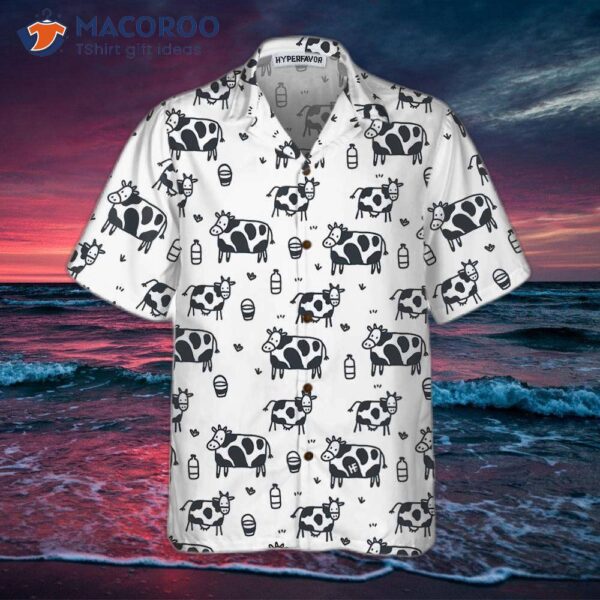 Cartoon Cow Hawaiian Shirt, Funny Print Button-up Shirt For And