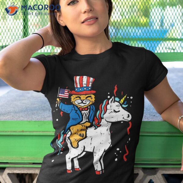 Cat Unicorn Us American Flag 4th Of July Fourth Animals Girl Shirt