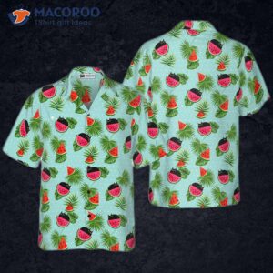 cat wearing a hawaiian shirt and eating watermelon 0
