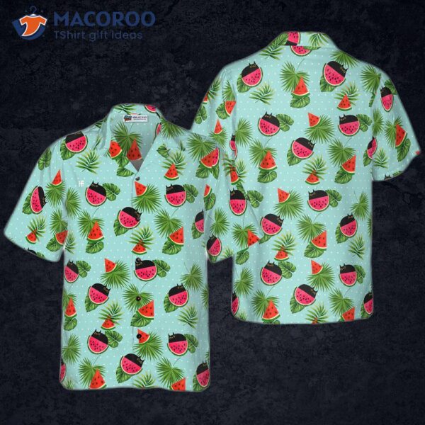 Cat Wearing A Hawaiian Shirt And Eating Watermelon