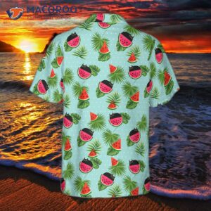 cat wearing a hawaiian shirt and eating watermelon 1