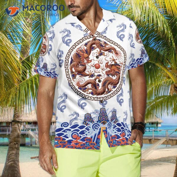 Chinoise Dragon White Hawaiian Shirt