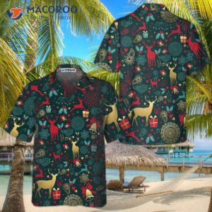 Christmas Golden Deer Pattern Hawaiian Shirt, Reindeer Best Xmas Gift Idea