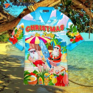 Christmas In July, Funny Surfing Santa Claus, Tropical-style Hawaiian Shirts.