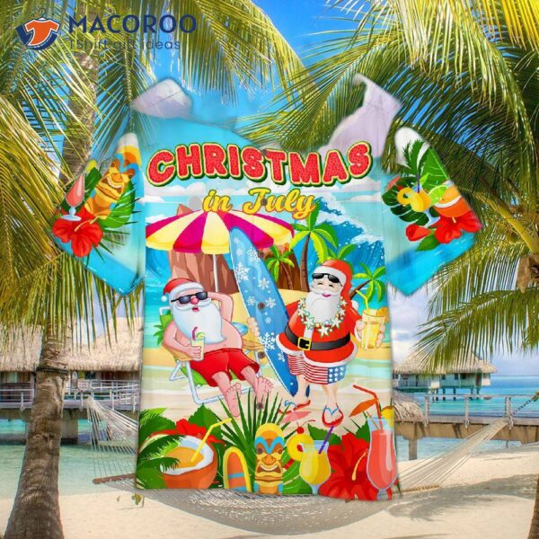 Christmas In July, Funny Surfing Santa Claus, Tropical-style Hawaiian Shirts.