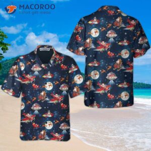 christmas in space hawaiian shirt with santa claus and reindeer pattern 0