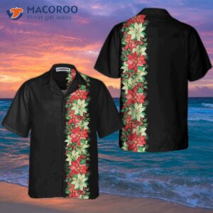 Christmas Poinsettia Flowers And Holly Berries, Hawaiian Shirt With Floral Print.