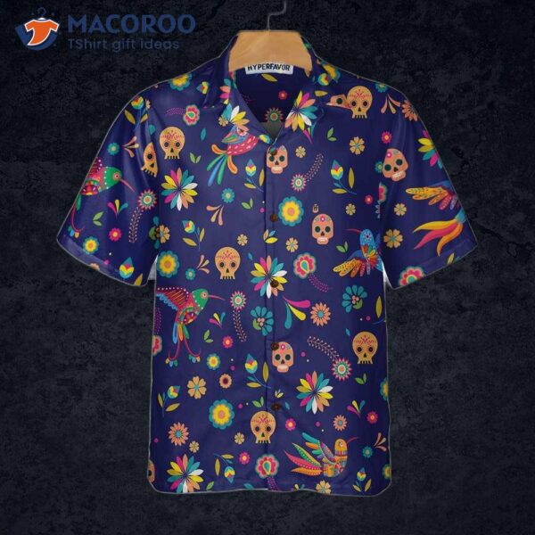 Colorful Alebrijes Birds And Bright Floral Mexican Culture Hawaiian Shirt, Sugar Skull Shirt